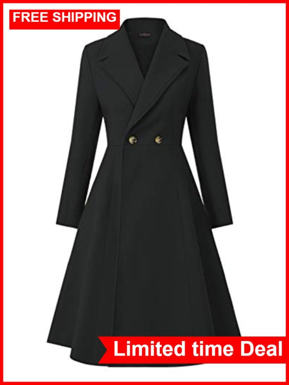Women's Double Breasted A-Line Long Trench Coat Winter Pea Coat Pockets